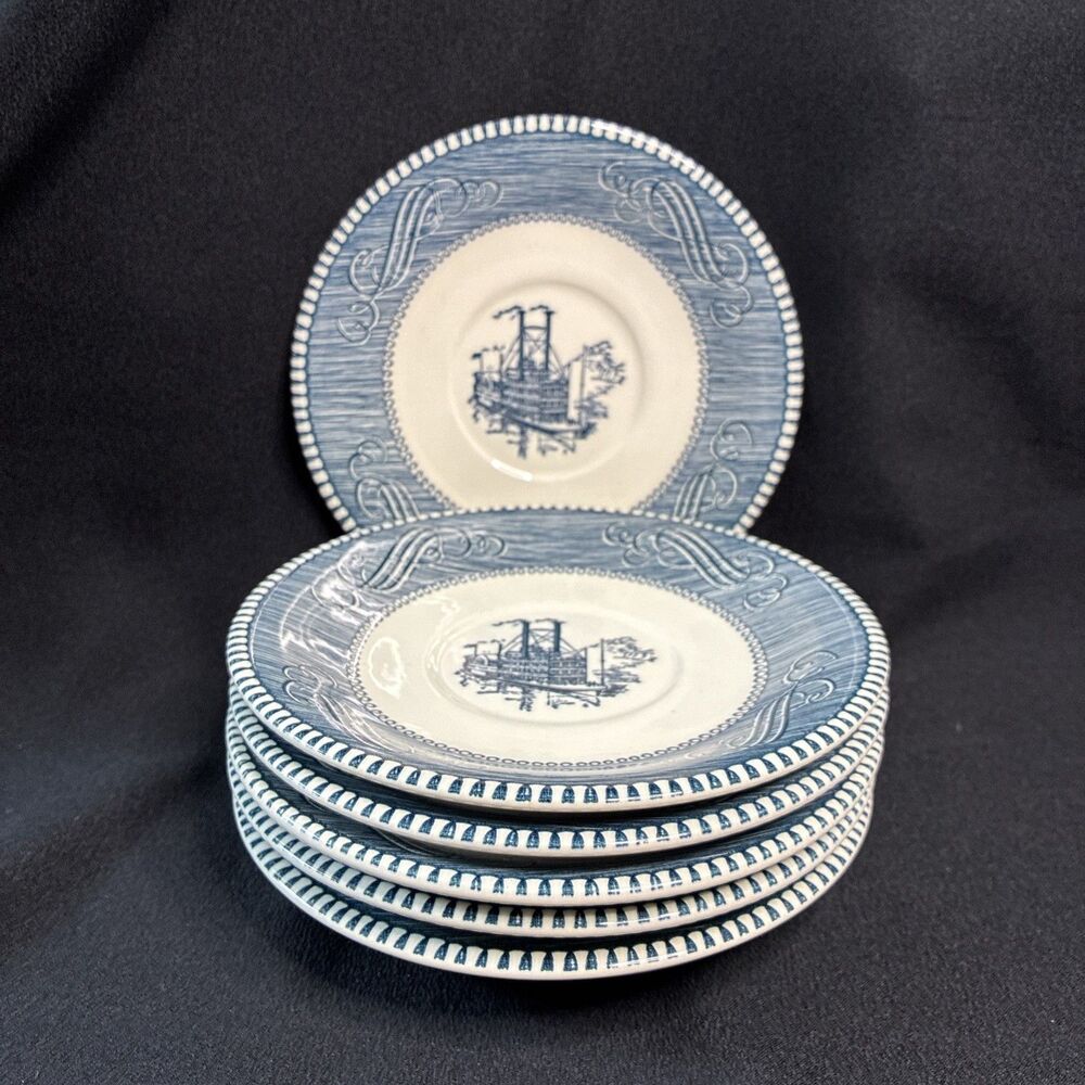 Currier & Ives Saucers (7) Low Water on the Mississippi Blue Transferware Royal